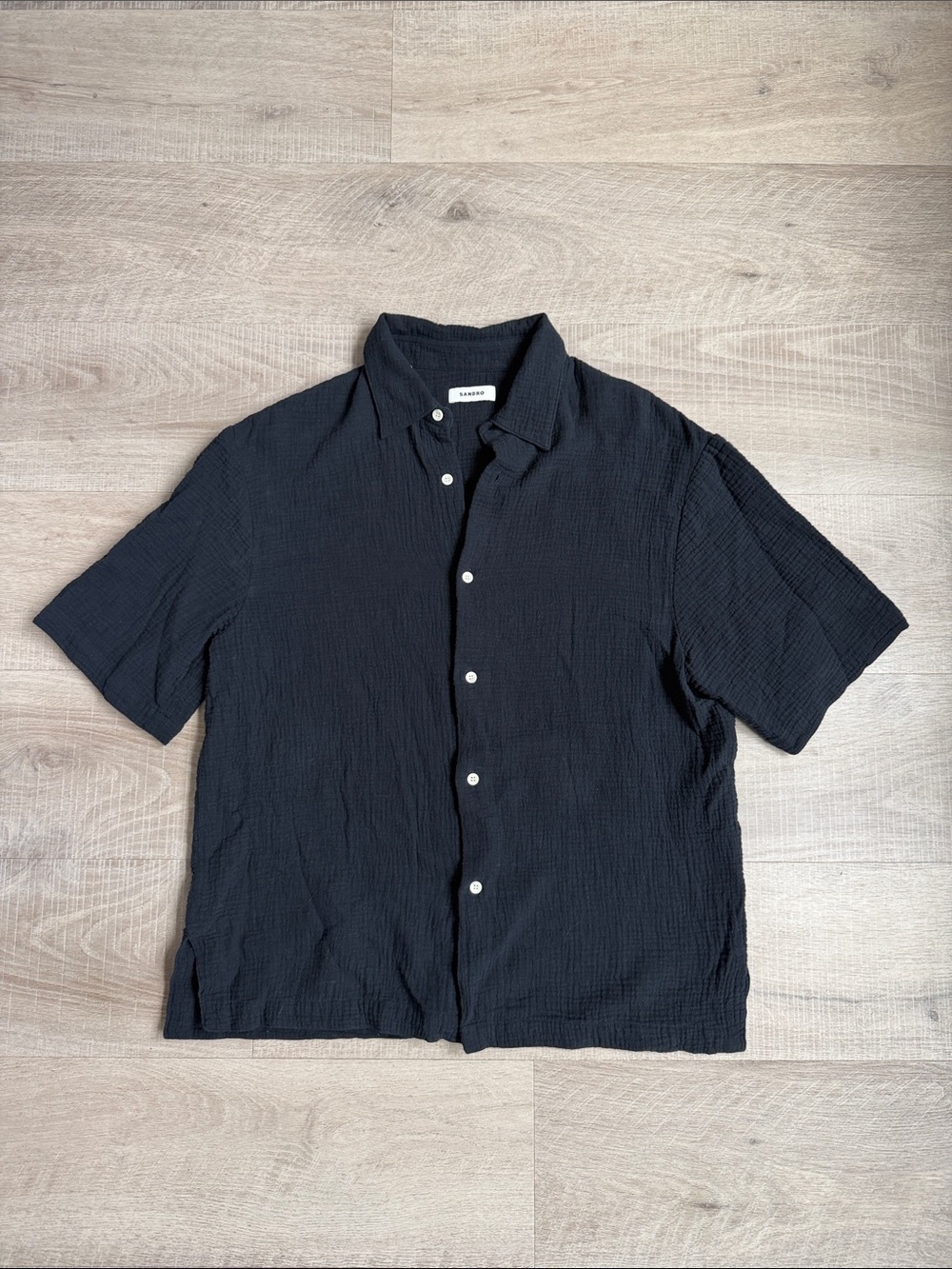 Sandro Black Textured Short-Sleeve Button-Down Shirt size Large